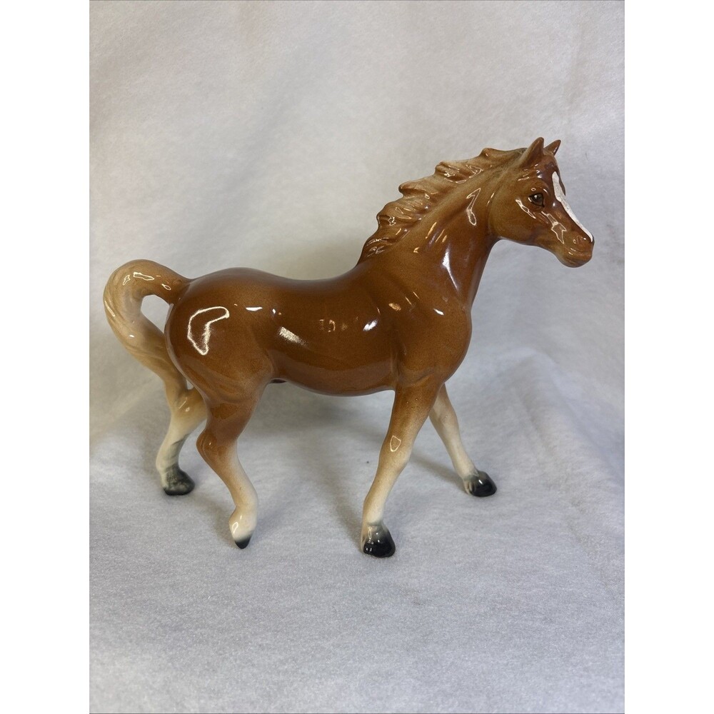 Ries Japan Porcelain Horse Figurine Chestnut Palomino Glossy MCM Foil Sticker